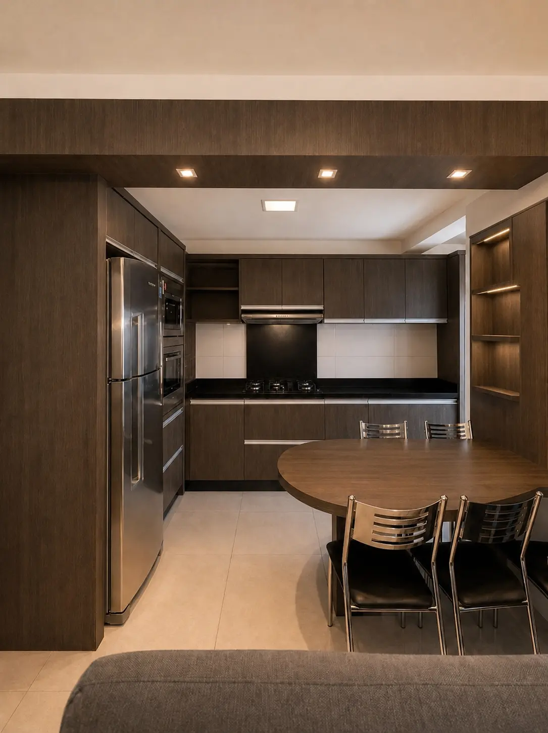 Cozinha planejada com mesa de refeições e eletrodomésticos